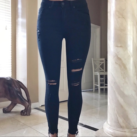 NEW Distressed Denim Ankle Fray Black Skinny Jeans - Picture 4 of 9